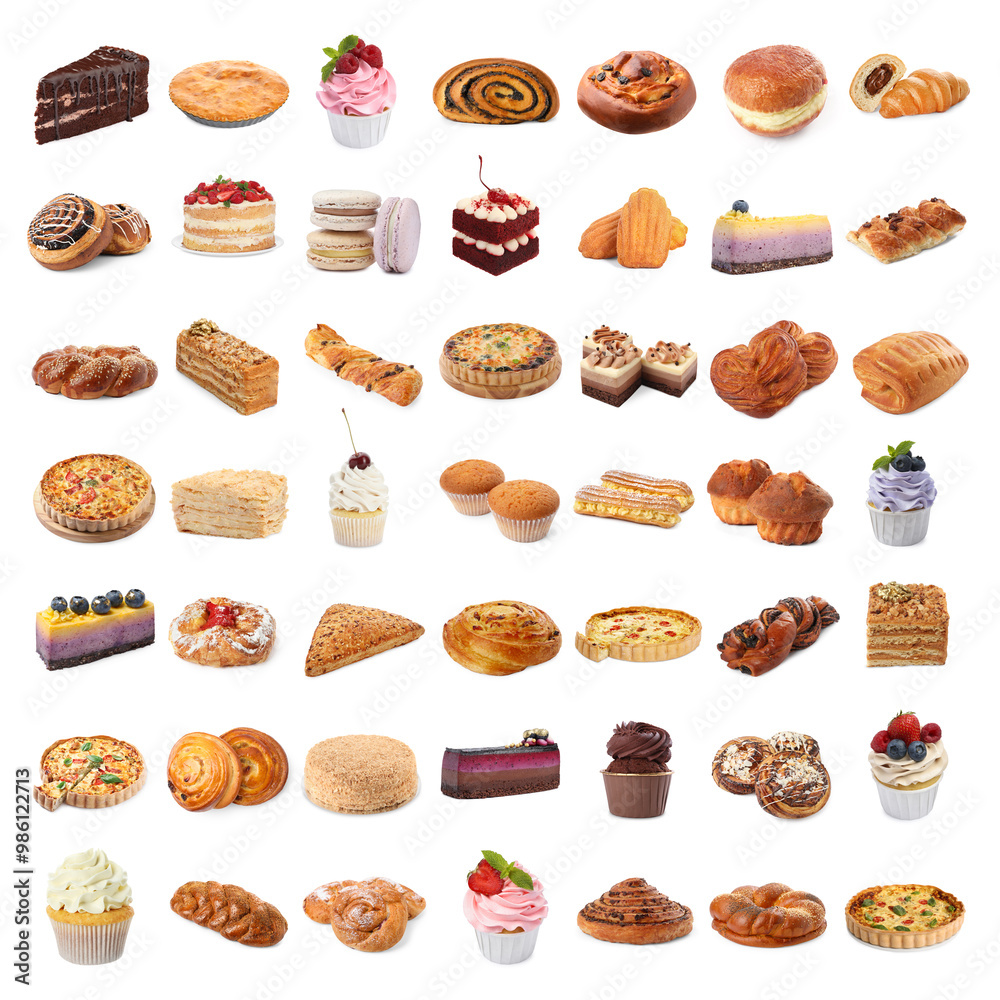 Canvas Prints Different pastry isolated on white. Set of cakes, buns and other baked goods