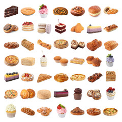 Different pastry isolated on white. Set of cakes, buns and other baked goods