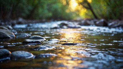 Fototapeta premium Blurred bokeh of a calm, flowing river