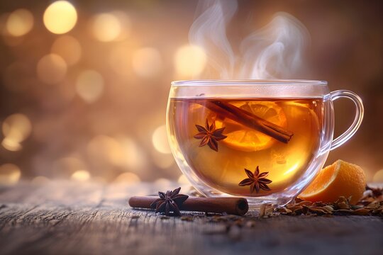 herbata, jesienna, nap&oacute;j, parująca, filiżanka, szklanka, ciepło, aromat, przyprawy, cynamon, anyż, pomarańcza, jabłko, relaks, jesień, klimat, rozmyte tło, bokeh, rustykalne, drewno, przytulnie, napar