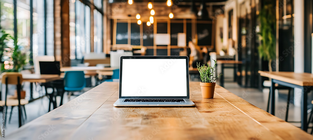 Canvas Prints laptop mockup on a minimalist desk in a bright office - transparent png banner tailored for web deve