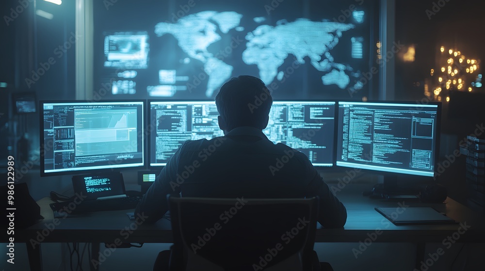 Poster a hacker working at a computer with multiple monitors, focused on a world map