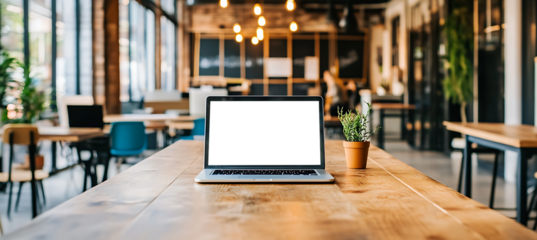 Laptop Mockup on a Minimalist Desk in a Bright Office - Transparent PNG Banner Tailored for Web Developers, Graphic Designers, and Business Professionals