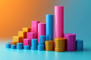 Economic growth strategies and trade markets flat design, side view, corporate finance theme, 3D render, Triadic color scheme