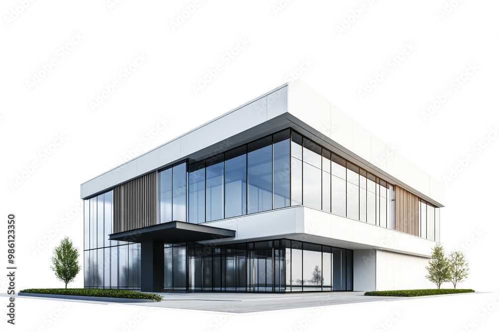 Poster Building with modern architectural design featuring sleek glass panels and minimalist lines isolated on a white background showing the front and side view
