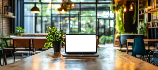 Stylish Laptop Mockup in an Open Office Workspace - Transparent PNG Banner for Business Websites, Digital Marketing Campaigns, and Design Portfolio Presentations