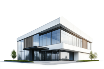Building with modern architectural design featuring sleek glass panels and minimalist lines isolated on a white background showing the front and side view