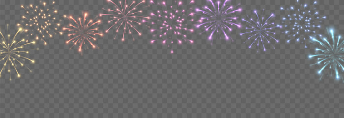 Vector fireworks png. Colorful fireworks on isolated transparent background. Fireworks, pyrotechnics PNG. Festive background.