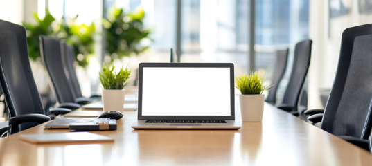 Stylish Laptop Mockup in an Open Office Workspace - Transparent PNG Banner for Business Websites, Digital Marketing Campaigns, and Design Portfolio Presentations