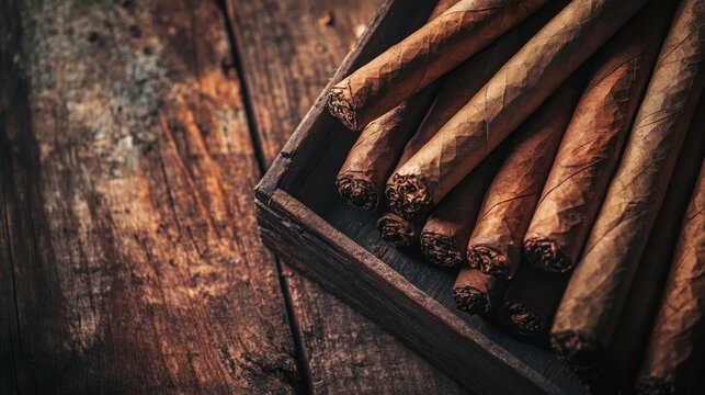 Close-up of cigars in a wooden box, with a rustic wooden background.