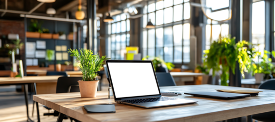 Stylish Laptop Mockup in an Open Office Workspace - Transparent PNG Banner for Business Websites, Digital Marketing Campaigns, and Design Portfolio Presentations