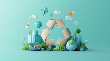3D rendering of a recycle symbol with green plants, blue geometric shapes, and a globe on a turquoise background.