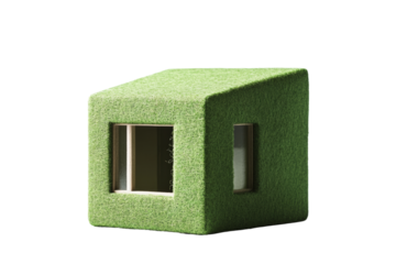 Compact insulated green building, passive design principles, minimal environmental impact, on solid white background, single object.,