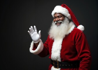 African American Santa Claus with cheerful smile waving against dark background