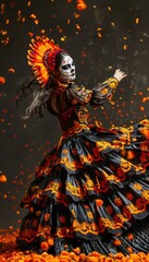 Vibrant La Catrina Dancing Amidst Floating Marigold Petals - Perfect for Event Invites and Decorations