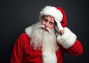 Santa Claus with thoughtful expression adjusting hat against dark background
