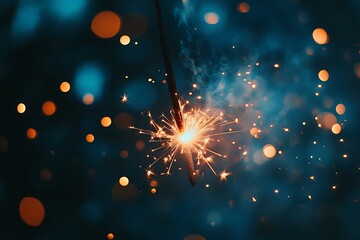 Close-up of lit sparkler with sparkling bokeh effects on dark blue background