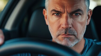 Close-up portrait of a middle-aged man driving a car, looking at the camera with a serious facial expression.