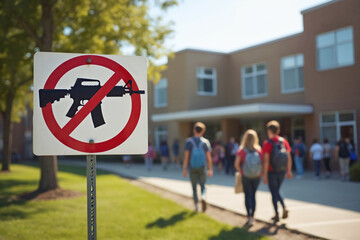 No weapons allowed. Sign with 'do not' symbol on rifle icon in front of a high school as students attend classes. Concept on gun violence, frequent mass shooting in American educational institution.