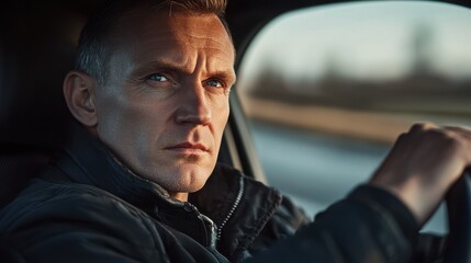 Obraz premium Close-up portrait of a middle-aged man driving a car, looking at the camera with a serious facial expression.