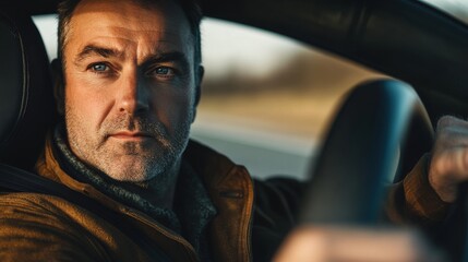 Close-up portrait of a middle-aged man driving a car, looking at the camera with a serious facial expression.