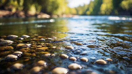 Fototapeta premium Blurred bokeh of a calm, flowing river