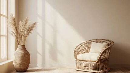 Fototapeta premium A serene interior featuring a wicker chair and a decorative vase with dried plants.