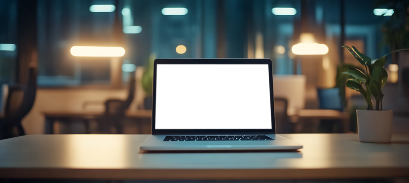 Modern Laptop Mockup on a Clean Desk in a Trendy Office - High-Quality Transparent PNG Banner for Creative Designers, Entrepreneurs, and Tech Startups