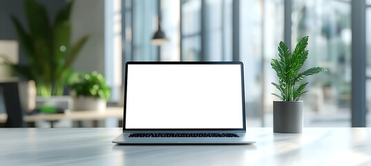 Modern Laptop Mockup on a Clean Desk in a Trendy Office - High-Quality Transparent PNG Banner for Creative Designers, Entrepreneurs, and Tech Startups