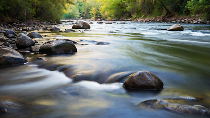 Blurred bokeh of a calm, flowing river