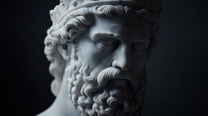 Close-up of a marble sculpture of a man with a crown and beard, against a dark background.