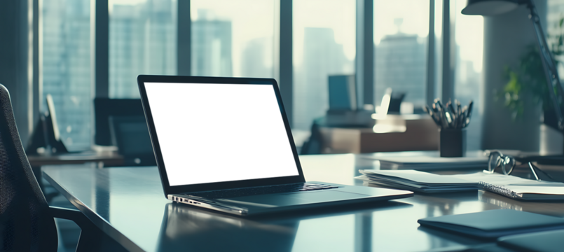 Modern Laptop Mockup on a Clean Desk in a Trendy Office - High-Quality Transparent PNG Banner for Creative Designers, Entrepreneurs, and Tech Startups