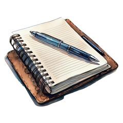 A watercolor illustration of an open notebook with lined pages and a pen placed on top, showcasing detailed and artistic elements.
