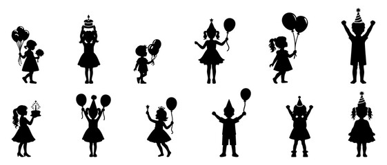 Children celebrating birthday silhouettes black filled vector Illustration icon
