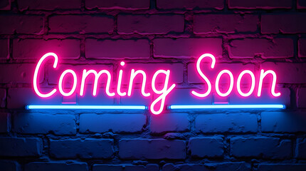 A striking neon sign with the words 'Coming Soon' set against a weathered brick wall, glowing in a vibrant pink and blue hue, invoking anticipation. Generative AI
