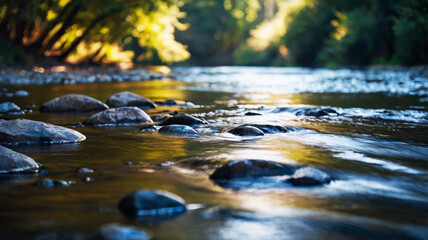 Fototapeta premium Blurred bokeh of a calm, flowing river
