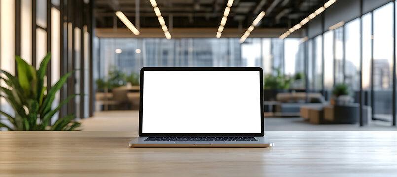 Laptop Mockup in a Contemporary Office Space - Transparent PNG Banner Ideal for Showcasing Technology, Business Presentations, and Online Marketing Visuals