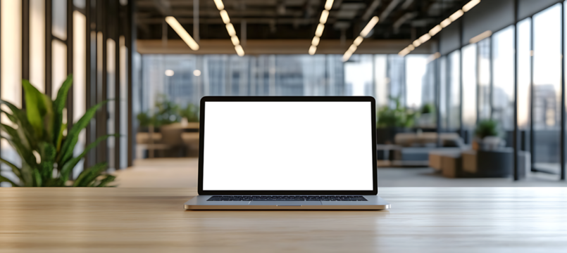 Laptop Mockup in a Contemporary Office Space - Transparent PNG Banner Ideal for Showcasing Technology, Business Presentations, and Online Marketing Visuals - Powered by Adobe