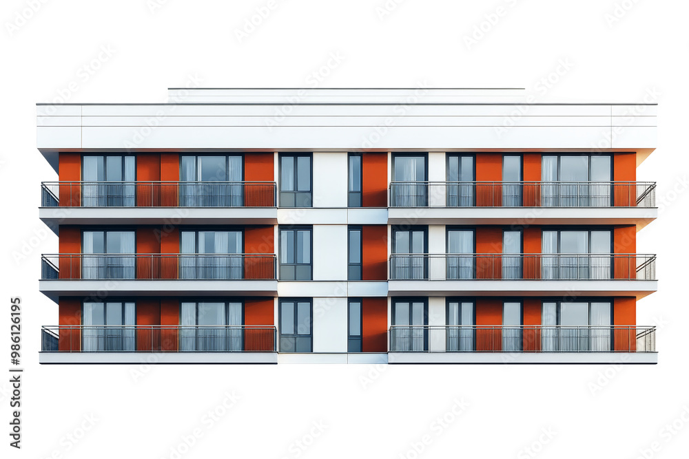 Poster contemporary urban apartment building with balconies and geometric patterns, isolated on white backg