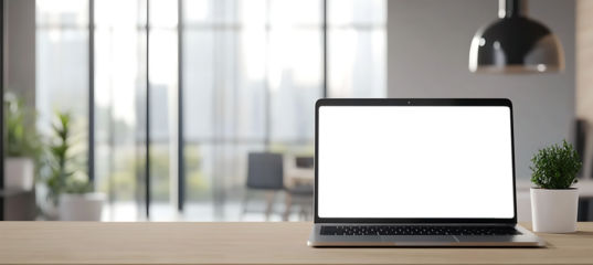 Realistic Laptop Mockup in a Minimalist Office Environment - Transparent PNG Banner Perfect for Professional Branding, Digital Marketing, and Website UI/UX Design
