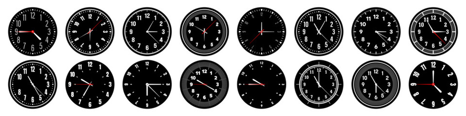Mechanical clock faces with hands, bezel. Watch dial with minute, hour marks and numbers, arabic numerals. Timer or stopwatch element. Measuring circle scale with divisions. Vector illustration