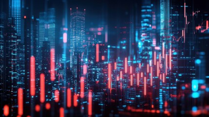 Product photo of a stock market chart with red candlestick bars on a city background.