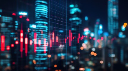 Obraz premium Product photo of a stock market chart with red candlestick bars on a city background.