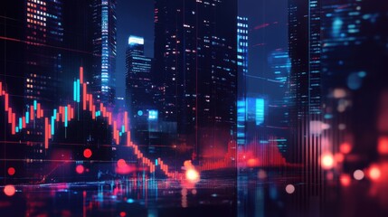 Product photo of a stock market chart with red candlestick bars on a city background.