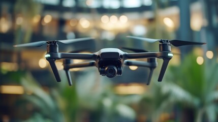 Black drone with camera flying in front of a blurry background of lights and plants.
