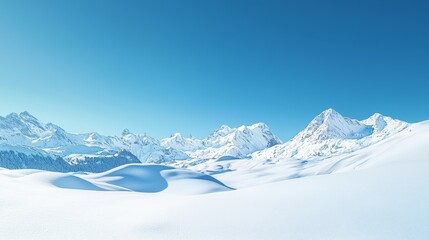 Obraz premium Panoramic View Snow Covered Mountain Range. Mountainous Icy Peaks. Blue Sky Sunshine. Panorama Landscape Background.