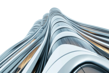 Detailed 3D rendering of a futuristic skyscraper, showcasing sleek design elements, isolated on white background