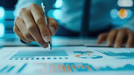 Closeup of a financial advisor flipping through a portfolio analysis, explaining projected growth strategies, closeup advisor flipping analysis, investment growth expertise