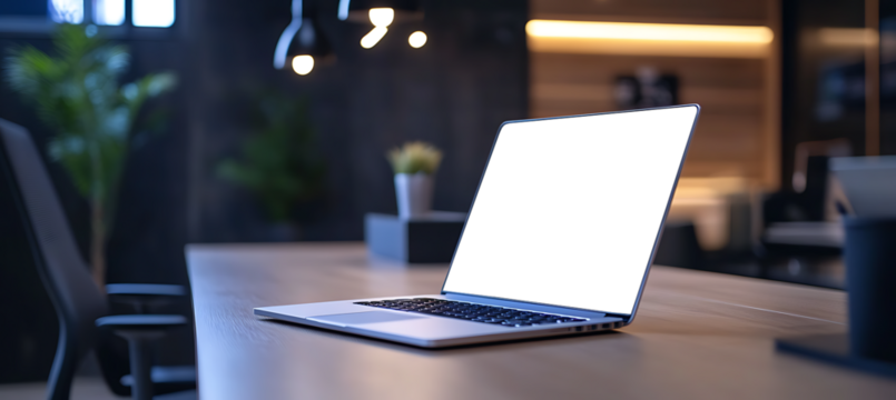 Sleek Laptop Mockup in a Stylish Office Setting - High-Resolution Transparent PNG Banner for Modern Workspace Designs and Creative Web Development Projects - Powered by Adobe
