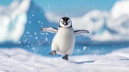 A playful penguin waddling through the snow, showcasing its adorable charm in a frosty landscape.
